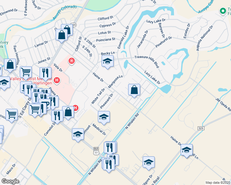 map of restaurants, bars, coffee shops, grocery stores, and more near 2126 Pheasant Drive in Harlingen