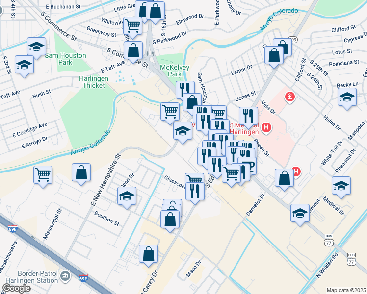 map of restaurants, bars, coffee shops, grocery stores, and more near 1310 Sam Houston Drive in Harlingen