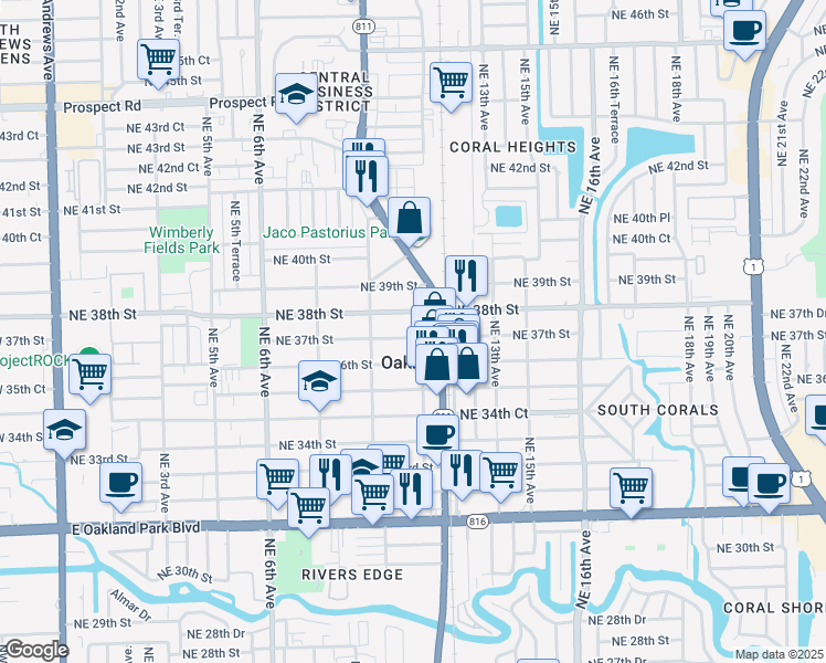 map of restaurants, bars, coffee shops, grocery stores, and more near 1077 Northeast 37th Street in Oakland Park