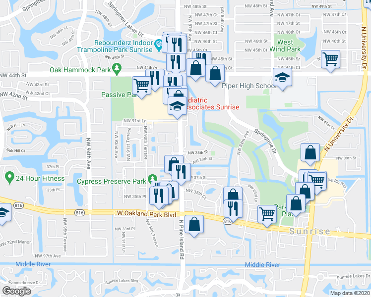 map of restaurants, bars, coffee shops, grocery stores, and more near 3891 North Pine Island Road in Sunrise