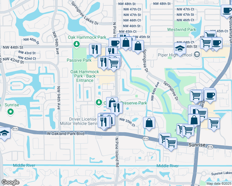 map of restaurants, bars, coffee shops, grocery stores, and more near 3871 North Pine Island Road in Sunrise