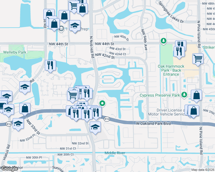 map of restaurants, bars, coffee shops, grocery stores, and more near 9933 Nob Hill Court in Sunrise