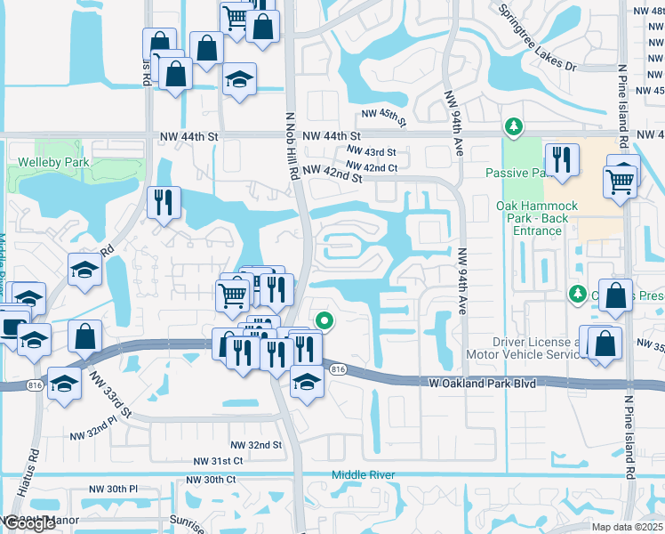 map of restaurants, bars, coffee shops, grocery stores, and more near 9933 Nob Hill Court in Sunrise