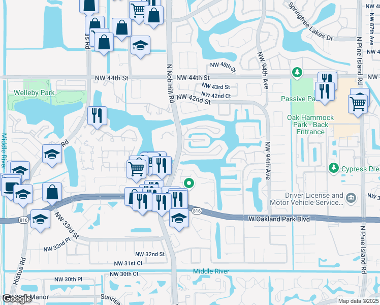 map of restaurants, bars, coffee shops, grocery stores, and more near 460 Nob Hill Court in Sunrise