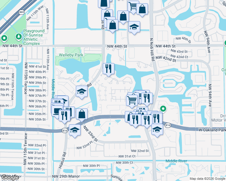map of restaurants, bars, coffee shops, grocery stores, and more near 10023 Winding Lake Road in Sunrise