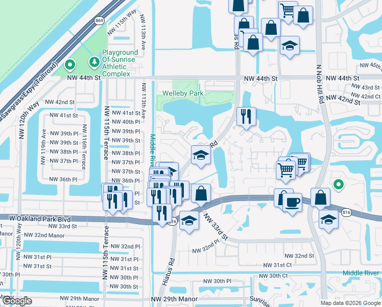 map of restaurants, bars, coffee shops, grocery stores, and more near 79 Northwest 38th Place in Sunrise