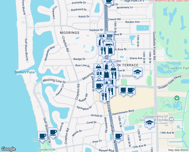map of restaurants, bars, coffee shops, grocery stores, and more near 698 Mooring Line Drive in Naples
