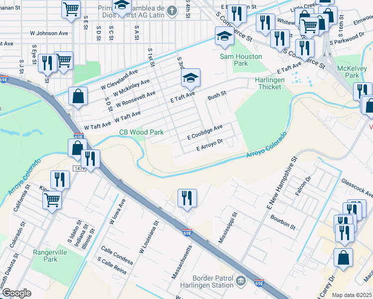 map of restaurants, bars, coffee shops, grocery stores, and more near 109 E Arroyo Dr in Harlingen
