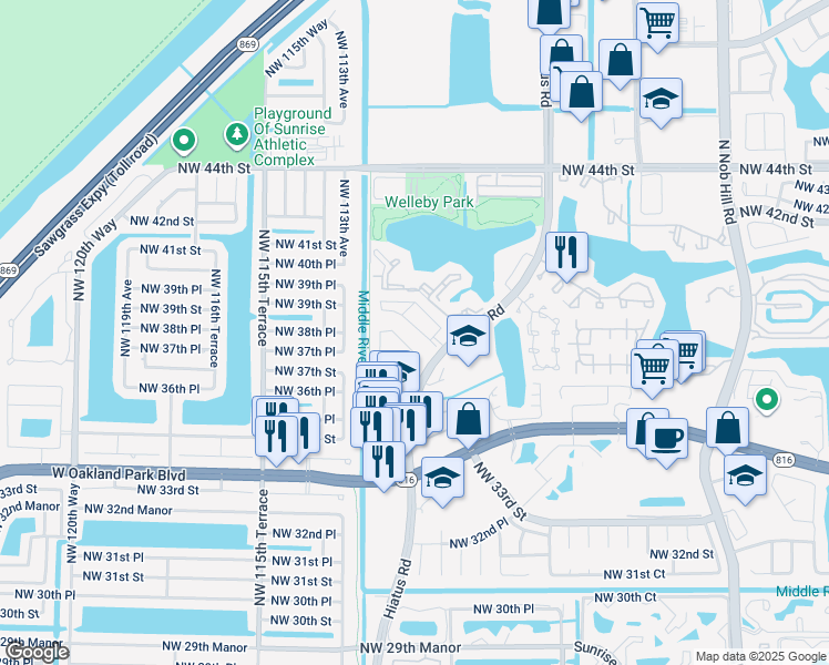 map of restaurants, bars, coffee shops, grocery stores, and more near 11098 Northwest 38th Street in Sunrise
