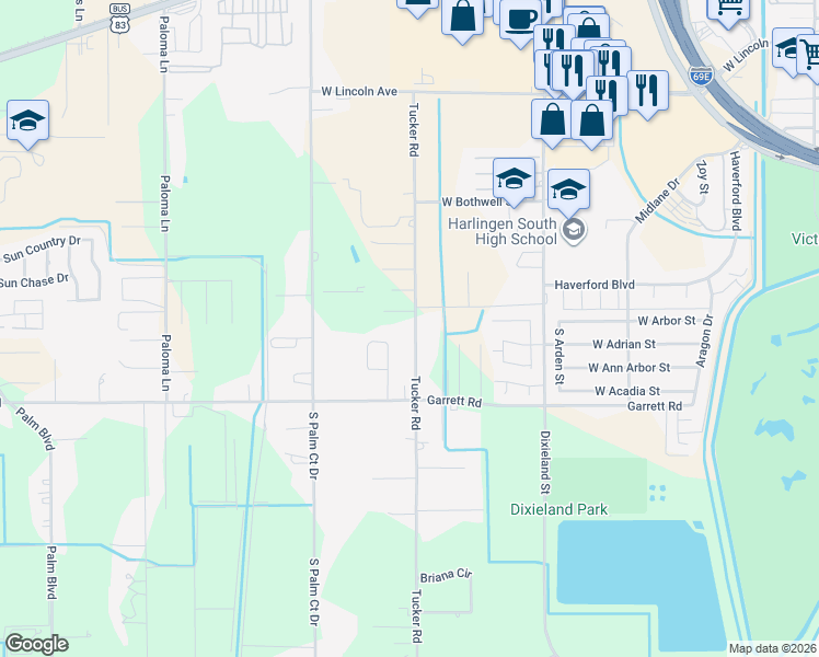 map of restaurants, bars, coffee shops, grocery stores, and more near 2201 Tucker Rd in Harlingen
