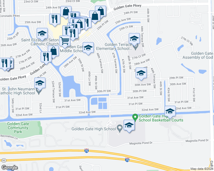 map of restaurants, bars, coffee shops, grocery stores, and more near 3001 Tropicana Boulevard in Naples