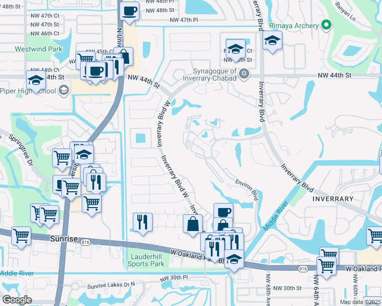 map of restaurants, bars, coffee shops, grocery stores, and more near 3841 Environ Boulevard in Lauderhill