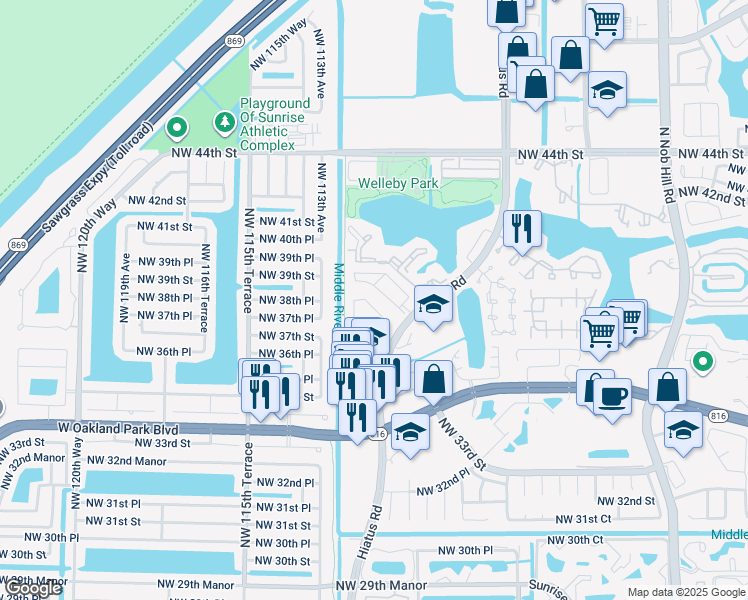 map of restaurants, bars, coffee shops, grocery stores, and more near 11098 Northwest 38th Street in Sunrise
