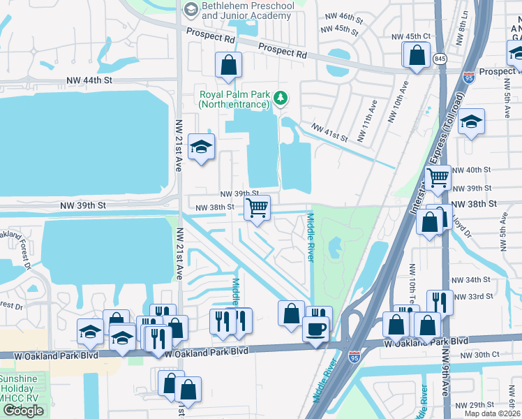 map of restaurants, bars, coffee shops, grocery stores, and more near 1736 Northwest 38th Street in Oakland Park