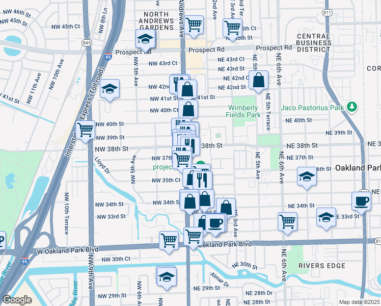 map of restaurants, bars, coffee shops, grocery stores, and more near 3762 North Andrews Avenue in Oakland Park