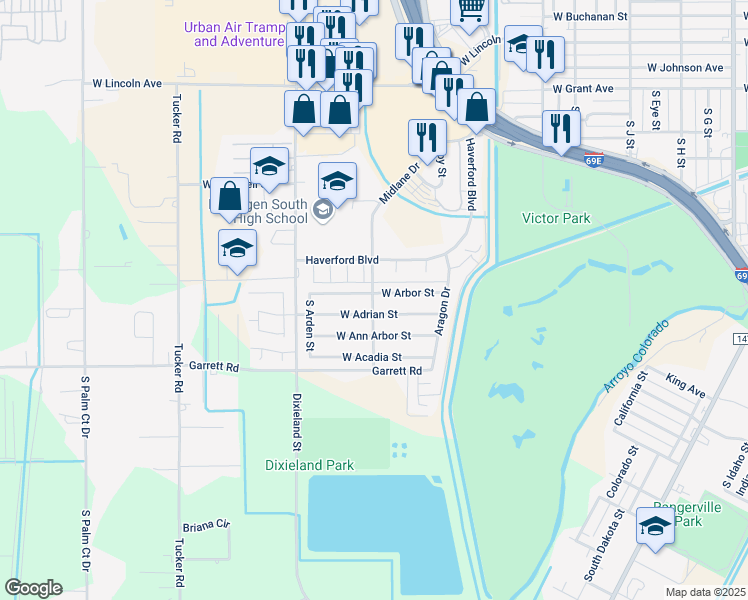 map of restaurants, bars, coffee shops, grocery stores, and more near 2105 South Midland Street in Harlingen
