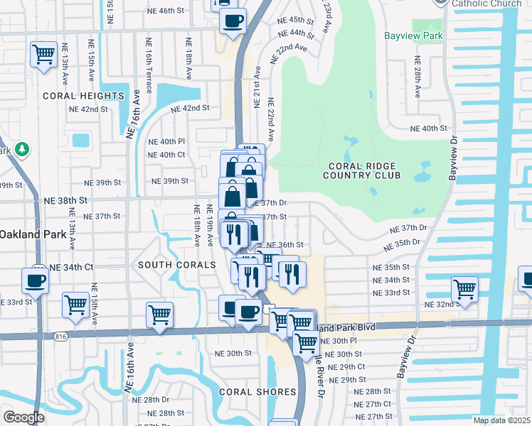 map of restaurants, bars, coffee shops, grocery stores, and more near 2209 Northeast 37th Street in Fort Lauderdale