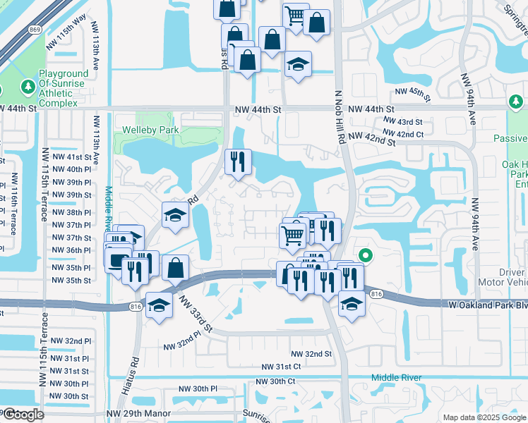 map of restaurants, bars, coffee shops, grocery stores, and more near 10023 Winding Lake Road in Sunrise