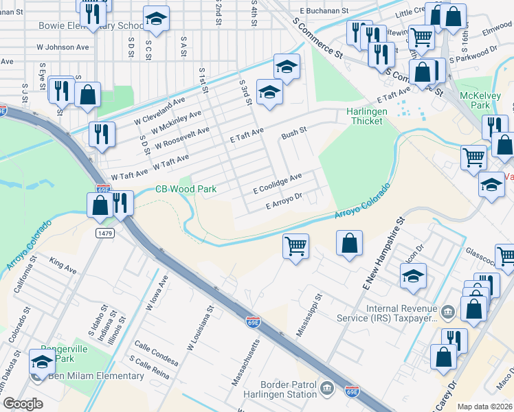 map of restaurants, bars, coffee shops, grocery stores, and more near 109 E Arroyo Dr in Harlingen