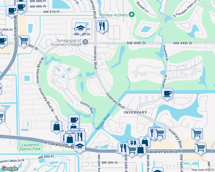 map of restaurants, bars, coffee shops, grocery stores, and more near 3920 Inverrary Boulevard in Lauderhill