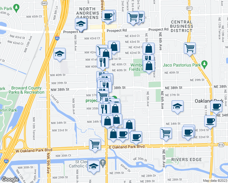 map of restaurants, bars, coffee shops, grocery stores, and more near 150 Northeast 38th Street in Oakland Park