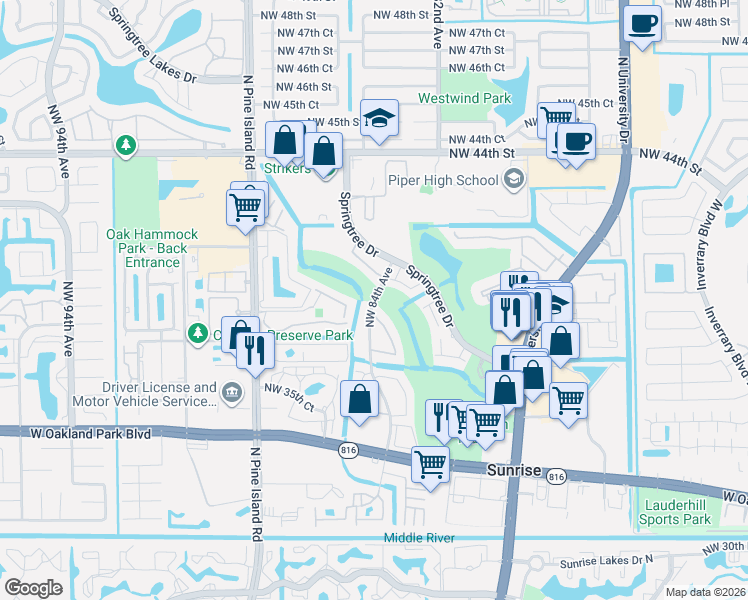 map of restaurants, bars, coffee shops, grocery stores, and more near 8393 Northwest 37th Place in Sunrise