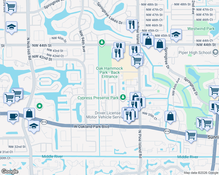 map of restaurants, bars, coffee shops, grocery stores, and more near 3941 Northwest 91st Terrace in Sunrise