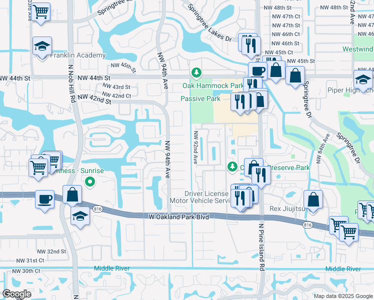map of restaurants, bars, coffee shops, grocery stores, and more near 9311 Northwest 38th Place in Sunrise