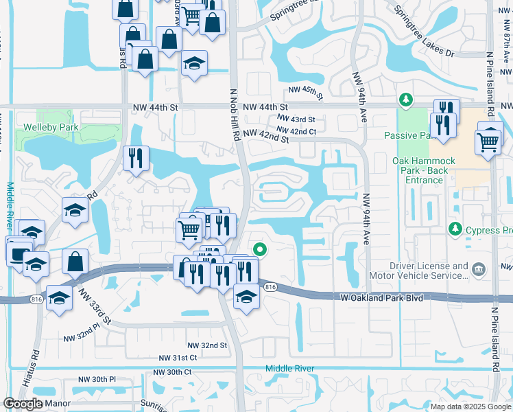 map of restaurants, bars, coffee shops, grocery stores, and more near 460 Nob Hill Court in Sunrise