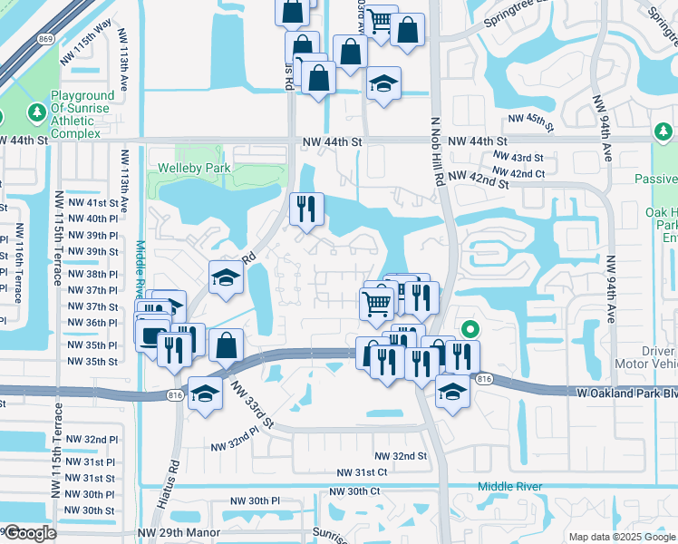 map of restaurants, bars, coffee shops, grocery stores, and more near 10023 Winding Lake Road in Sunrise