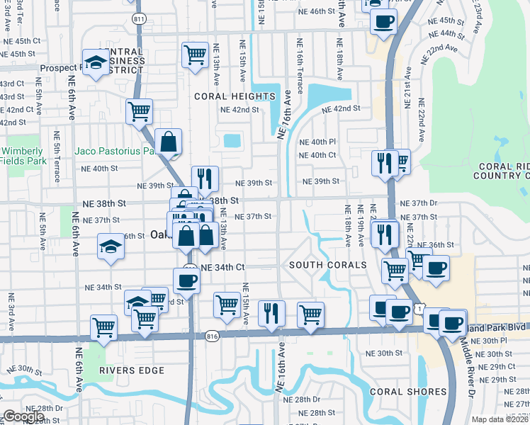 map of restaurants, bars, coffee shops, grocery stores, and more near 1567 Northeast 37th Street in Oakland Park