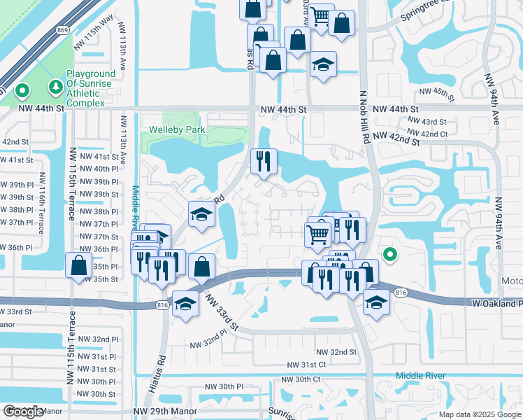 map of restaurants, bars, coffee shops, grocery stores, and more near 3756 Northwest 107th Way in Sunrise