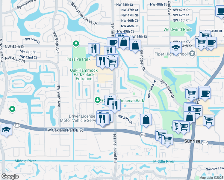 map of restaurants, bars, coffee shops, grocery stores, and more near 3891 North Pine Island Road in Sunrise