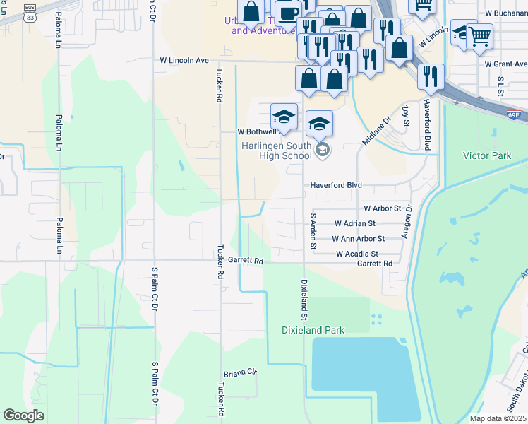 map of restaurants, bars, coffee shops, grocery stores, and more near 2453 Post Oak Road in Harlingen