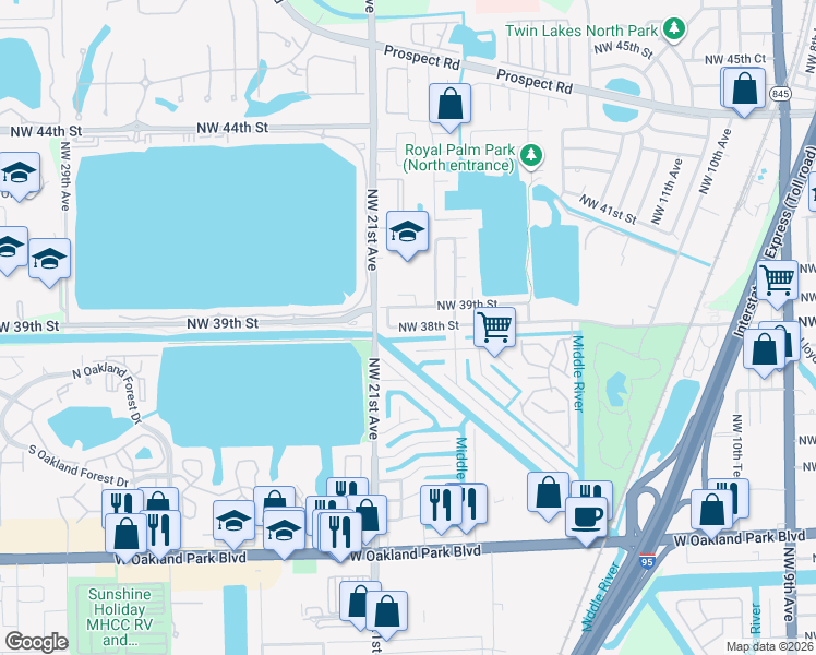 map of restaurants, bars, coffee shops, grocery stores, and more near 1924 Northwest 38th Street in Oakland Park