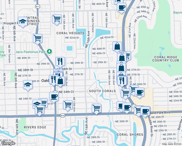 map of restaurants, bars, coffee shops, grocery stores, and more near 3720 Northeast 16th Terrace in Oakland Park