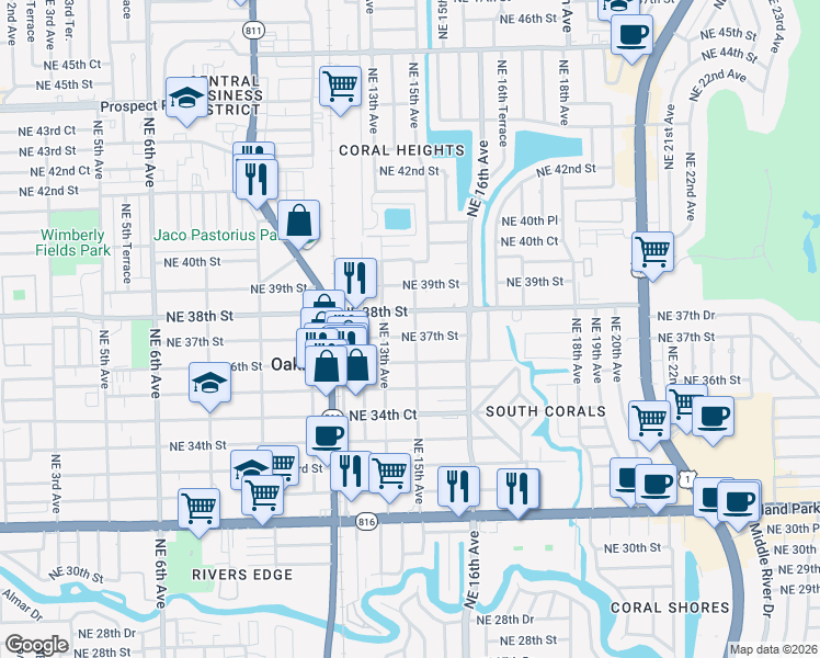 map of restaurants, bars, coffee shops, grocery stores, and more near 3721 Northeast 15th Avenue in Oakland Park