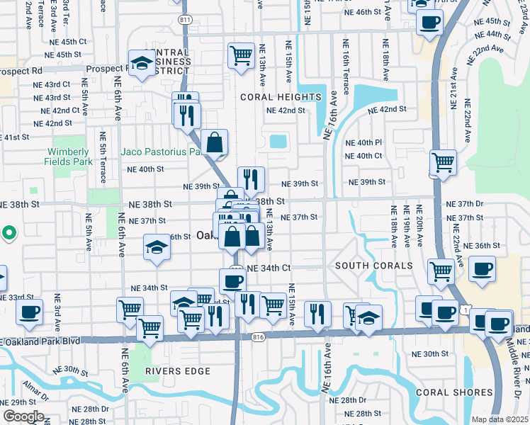 map of restaurants, bars, coffee shops, grocery stores, and more near 3725 Northeast 13th Avenue in Oakland Park
