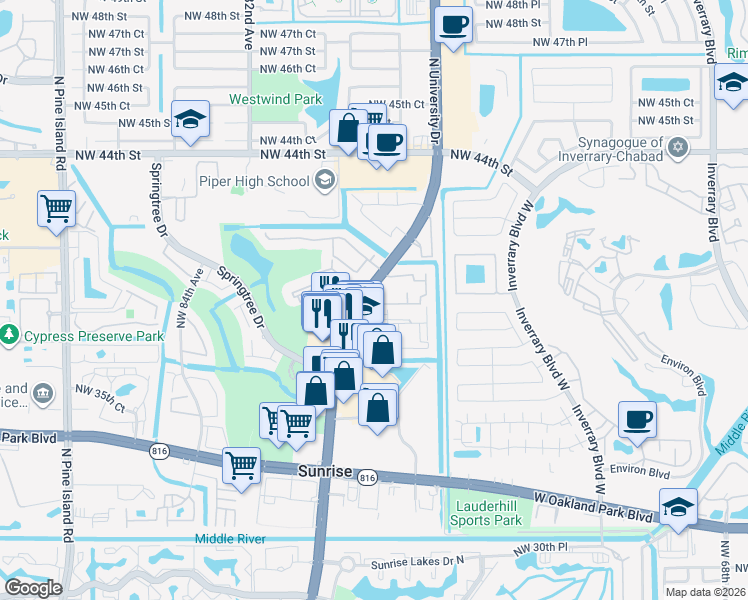map of restaurants, bars, coffee shops, grocery stores, and more near 4000 Del Rio Way in Sunrise