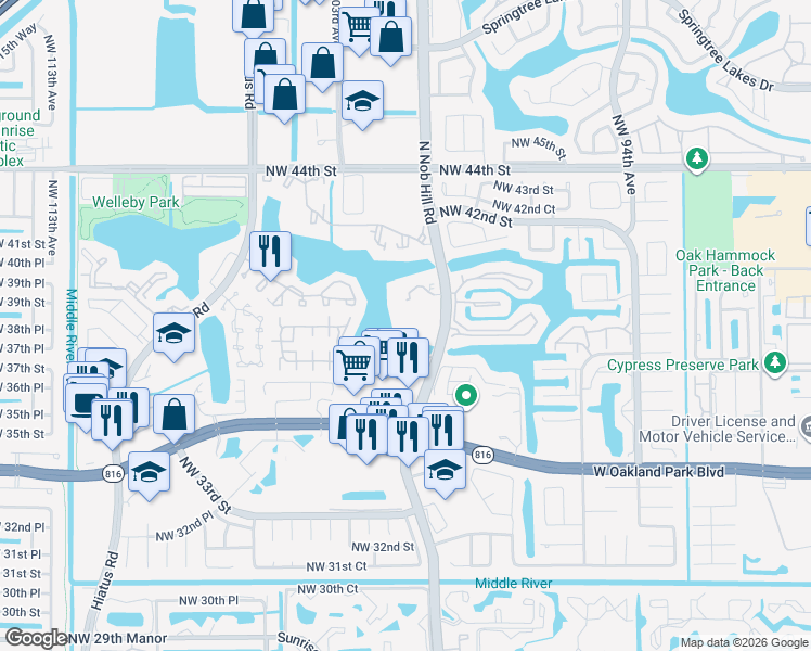 map of restaurants, bars, coffee shops, grocery stores, and more near 3955 North Nob Hill Road in Sunrise