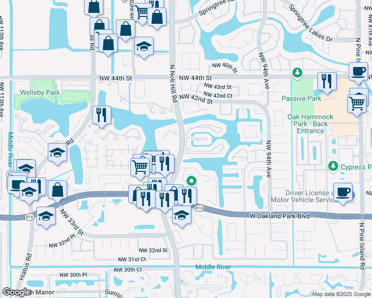 map of restaurants, bars, coffee shops, grocery stores, and more near 460 Nob Hill Court in Sunrise