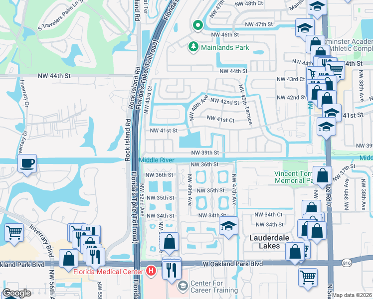 map of restaurants, bars, coffee shops, grocery stores, and more near 4921 Northwest 39th Street in Lauderdale Lakes