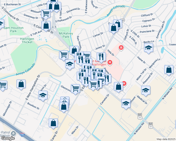 map of restaurants, bars, coffee shops, grocery stores, and more near 1902 S 77 Sunshine Strip in Harlingen