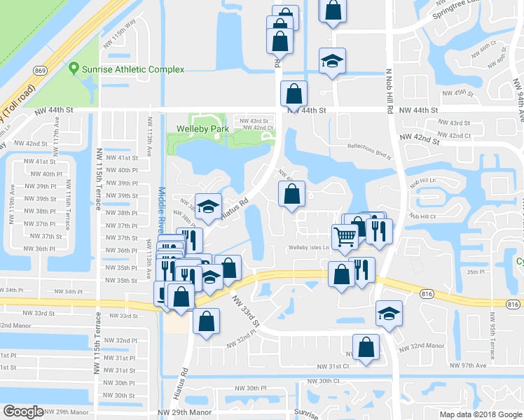 map of restaurants, bars, coffee shops, grocery stores, and more near 3761 Northwest 107th Way in Sunrise