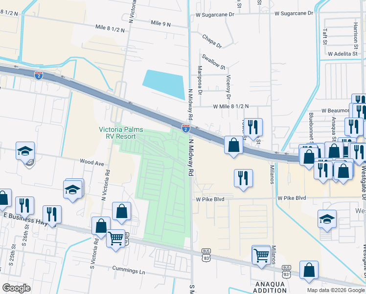 map of restaurants, bars, coffee shops, grocery stores, and more near 600 Kingston Way in Donna