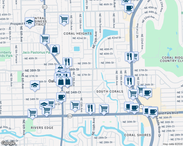 map of restaurants, bars, coffee shops, grocery stores, and more near 1567 Northeast 37th Street in Oakland Park