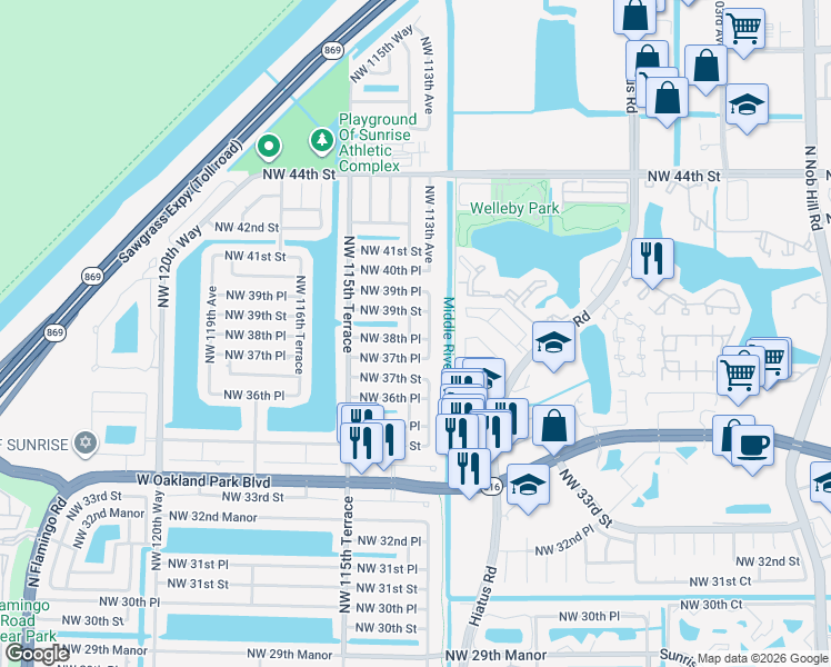 map of restaurants, bars, coffee shops, grocery stores, and more near 3810 Northwest 113th Terrace in Sunrise