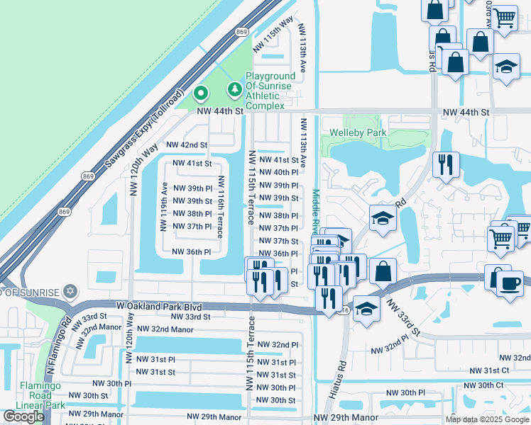 map of restaurants, bars, coffee shops, grocery stores, and more near 11457 Northwest 38th Place in Sunrise