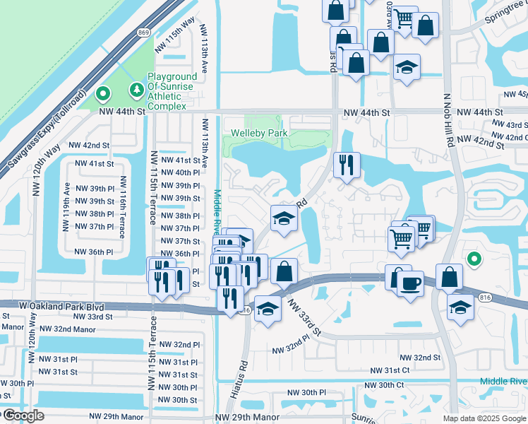 map of restaurants, bars, coffee shops, grocery stores, and more near 79 Northwest 38th Place in Sunrise