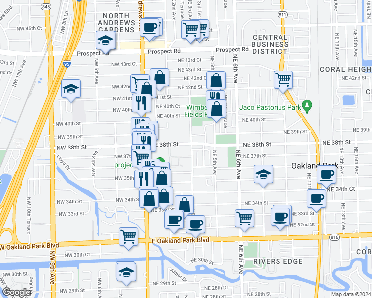 map of restaurants, bars, coffee shops, grocery stores, and more near 230 Northeast 38th Street in Oakland Park